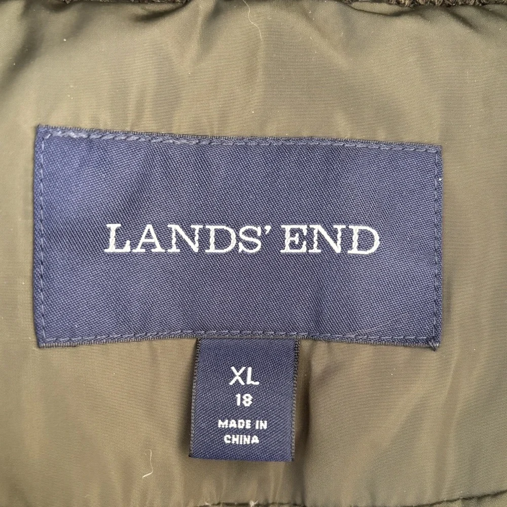 Lands’ End Hooded Quilted Down Puffer Jacket XL Olive Green 38” Long Two-Way Zip - Picture 8 of 14